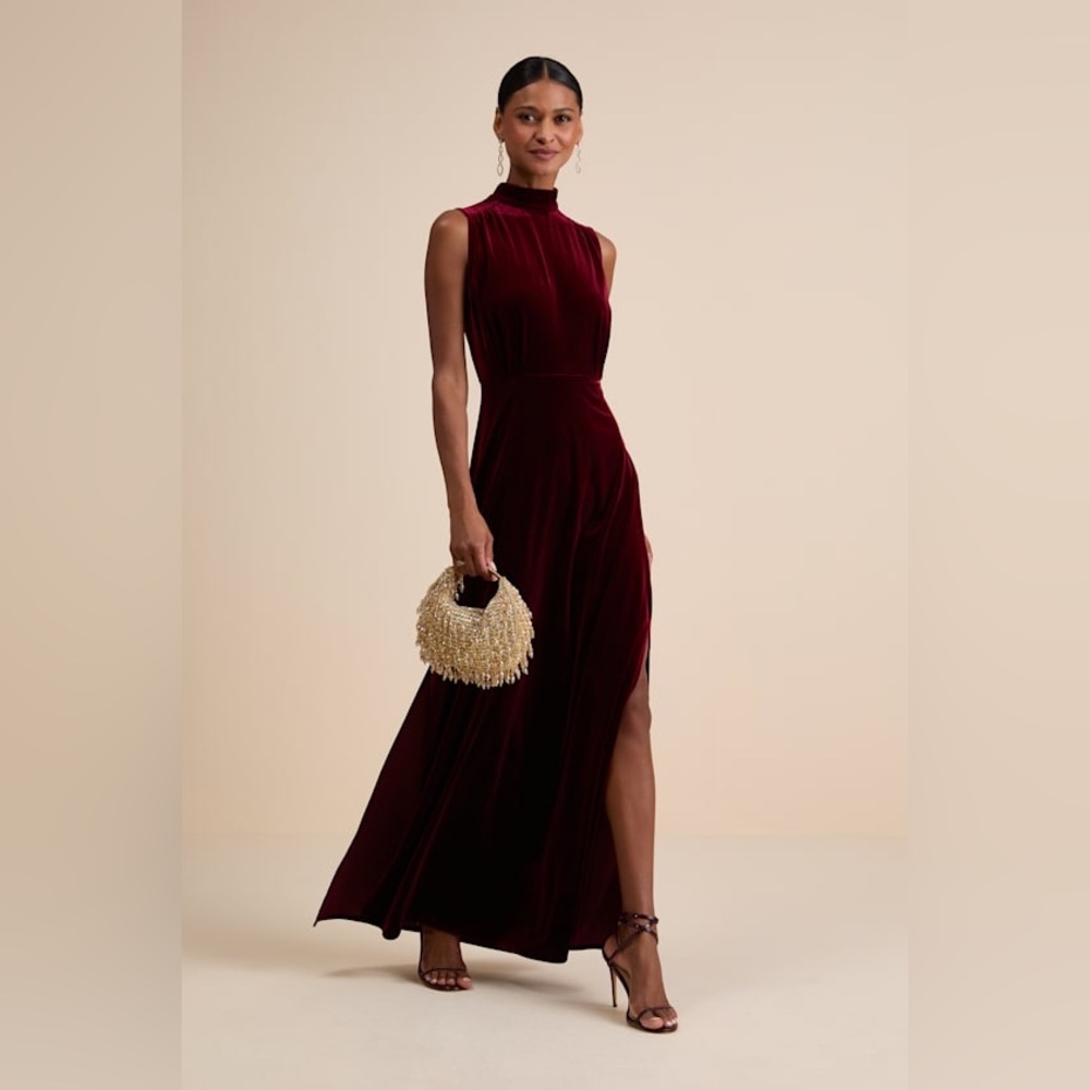 Lulu's Burgundy High-Neck Velvet Maxi Dress
